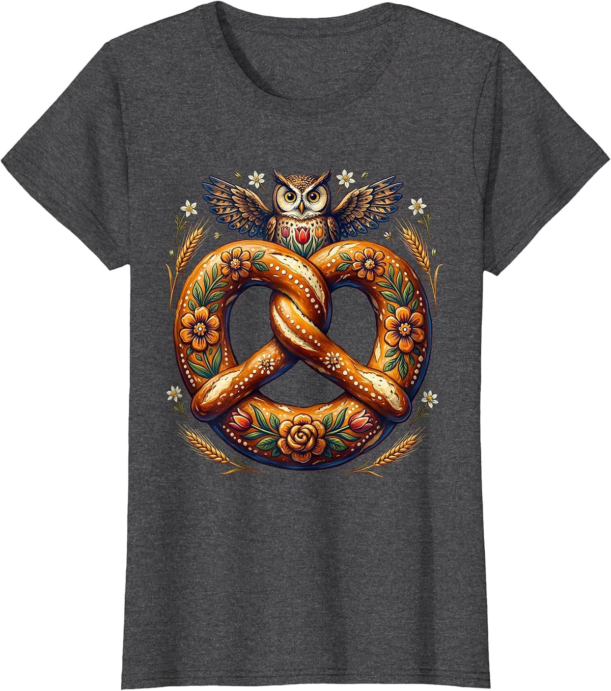 Women's Owl on Giant Pretzel Oktoberfest Graphic Tee T-Shirt - Dark Heather Grey