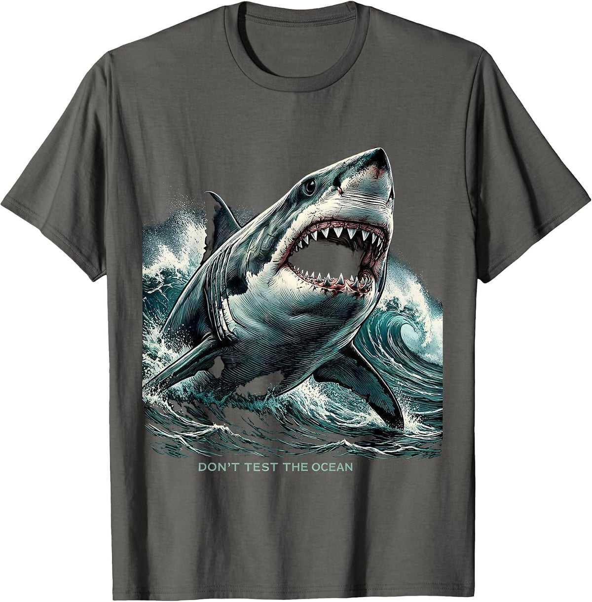 Men's Don't Test The Ocean Bold Shark Design T-Shirt - Asphalt Grey