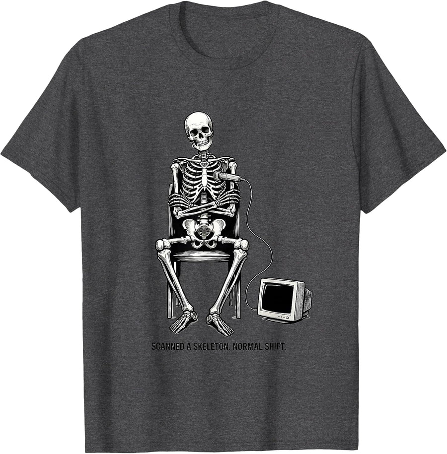 Men's Scanned A Skeleton Normal Shift Funny Sonographer Halloween T-Shirt - Dark Heather Grey