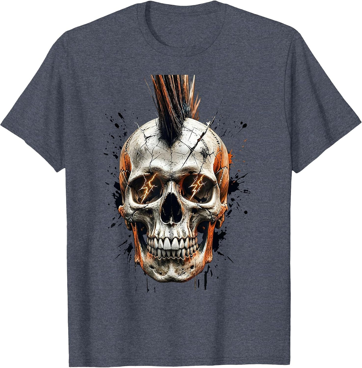 Punk Mohawk Skull Lightning Bolt Eyes Design T-Shirt - Heather Blue