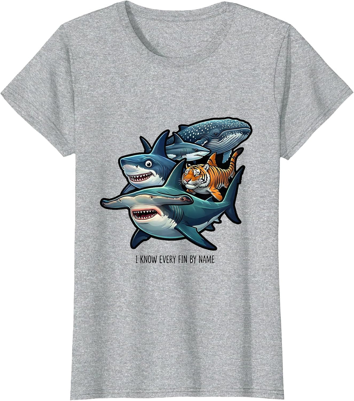 Women's I Know Every Fin By Name Funny Shark Lover Ocean Wildlife T-Shirt - Heather Grey