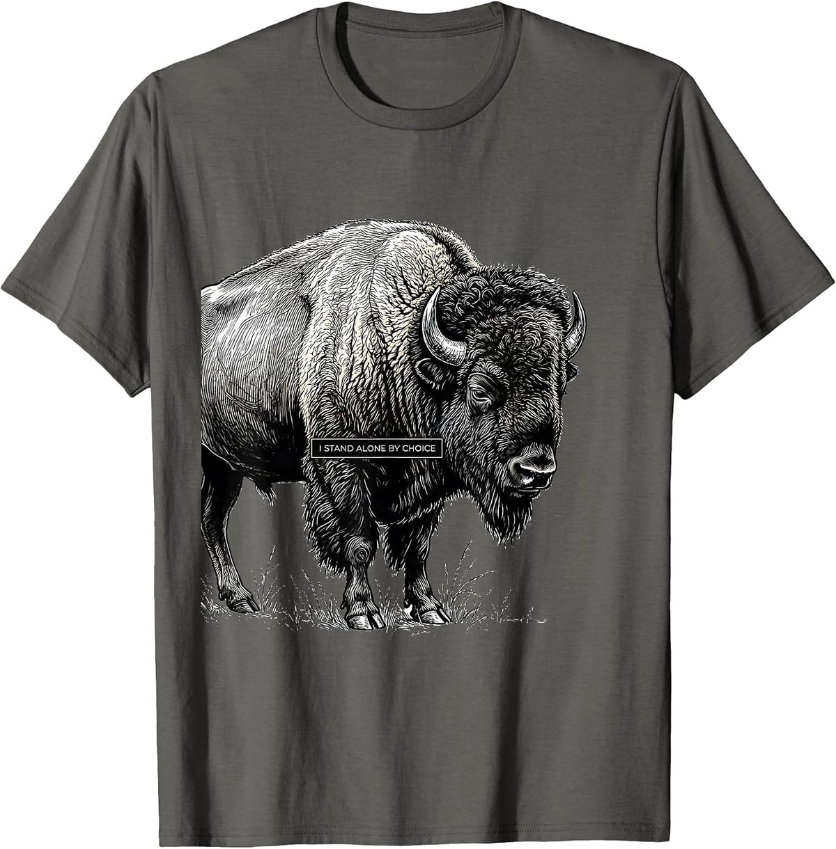 I Stand Alone By Choice Vintage Bison Lover American Buffalo T-Shirt - Asphalt Grey