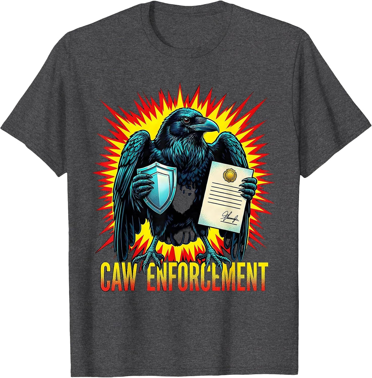 Men's Caw Enforcement Pop Art Dark Humor Gothic Crow Bird Lover T-Shirt - Dark Heather Grey