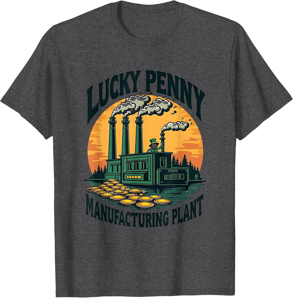Lucky Penny Manufacturing Plant St Patricks Design T-Shirt - Dark Heather Grey