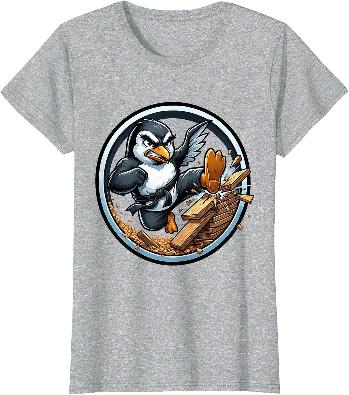 Angry Penguin Karate Kick Martial Arts Graphic T-Shirt - Heather Grey