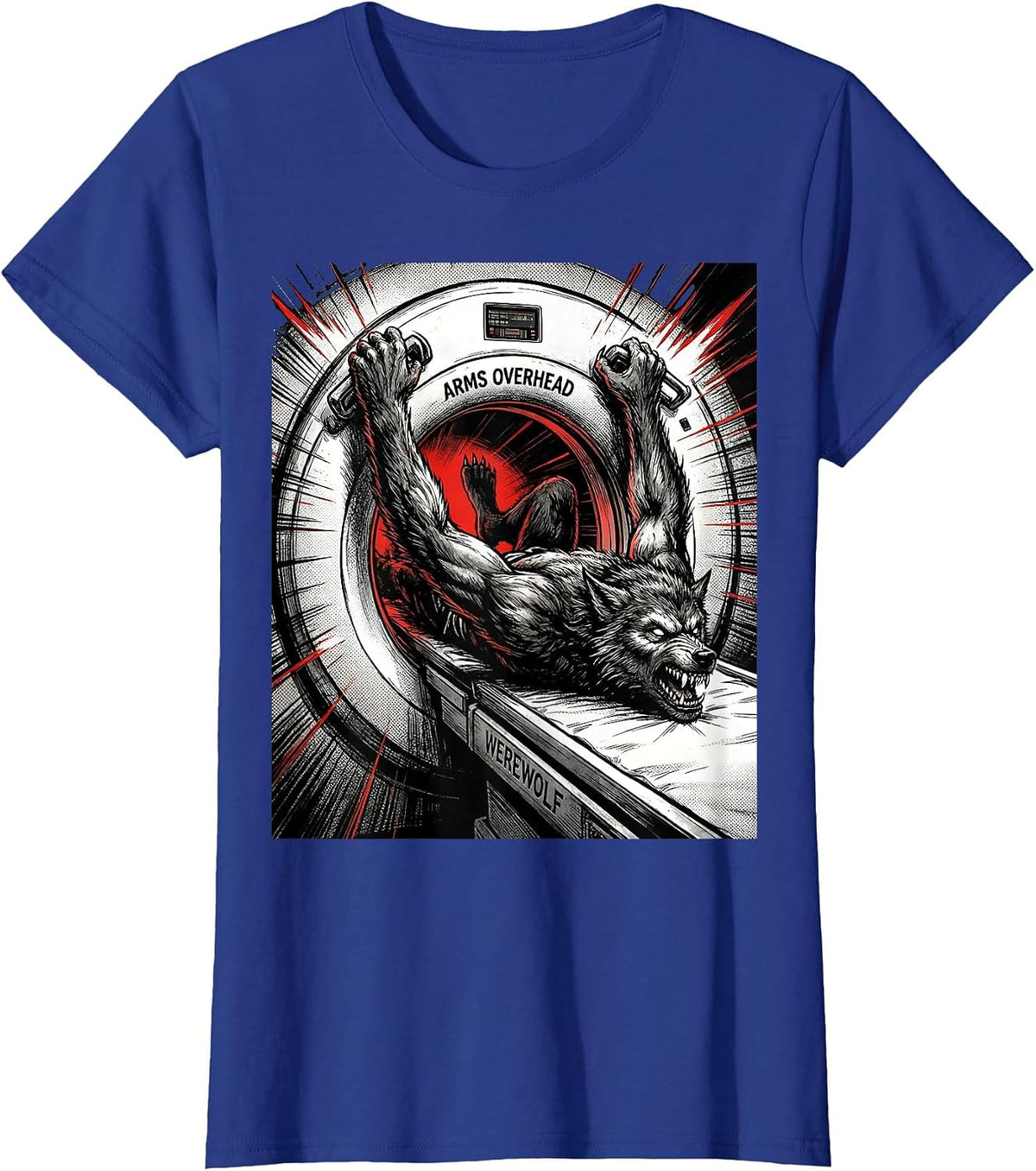 Women's Arms Overhead Werewolf Comic Book Radiology Tech Halloween T-Shirt - Royal Blue