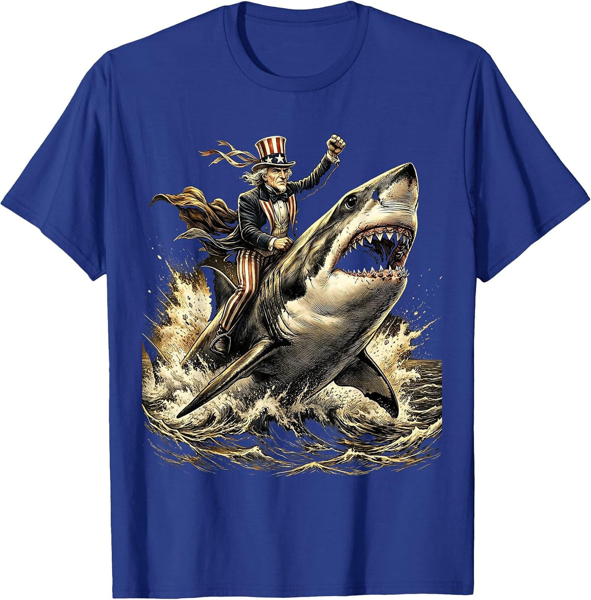 Men's Great White Shark Breaching Ocean Surface T-Shirt - Royal Blue