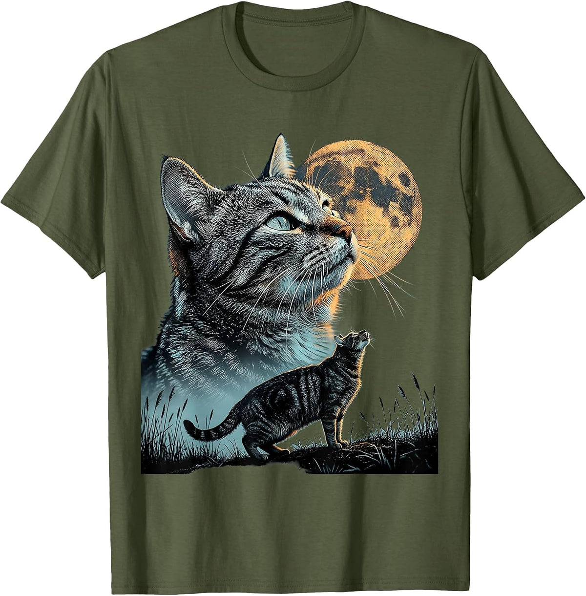 Grey Tabby Cat Howling at Moon 90's Retro T-Shirt - Olive Green