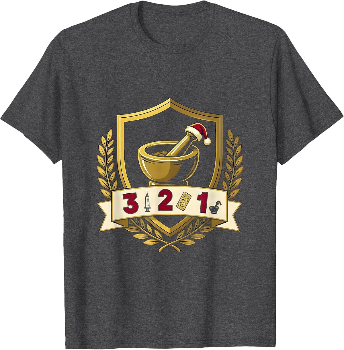 Men's 3 Flu Shots, 2 Unit-Dose Trays, 1 Santa Hat Mortar Pharmacy T-Shirt - Dark Heather Grey