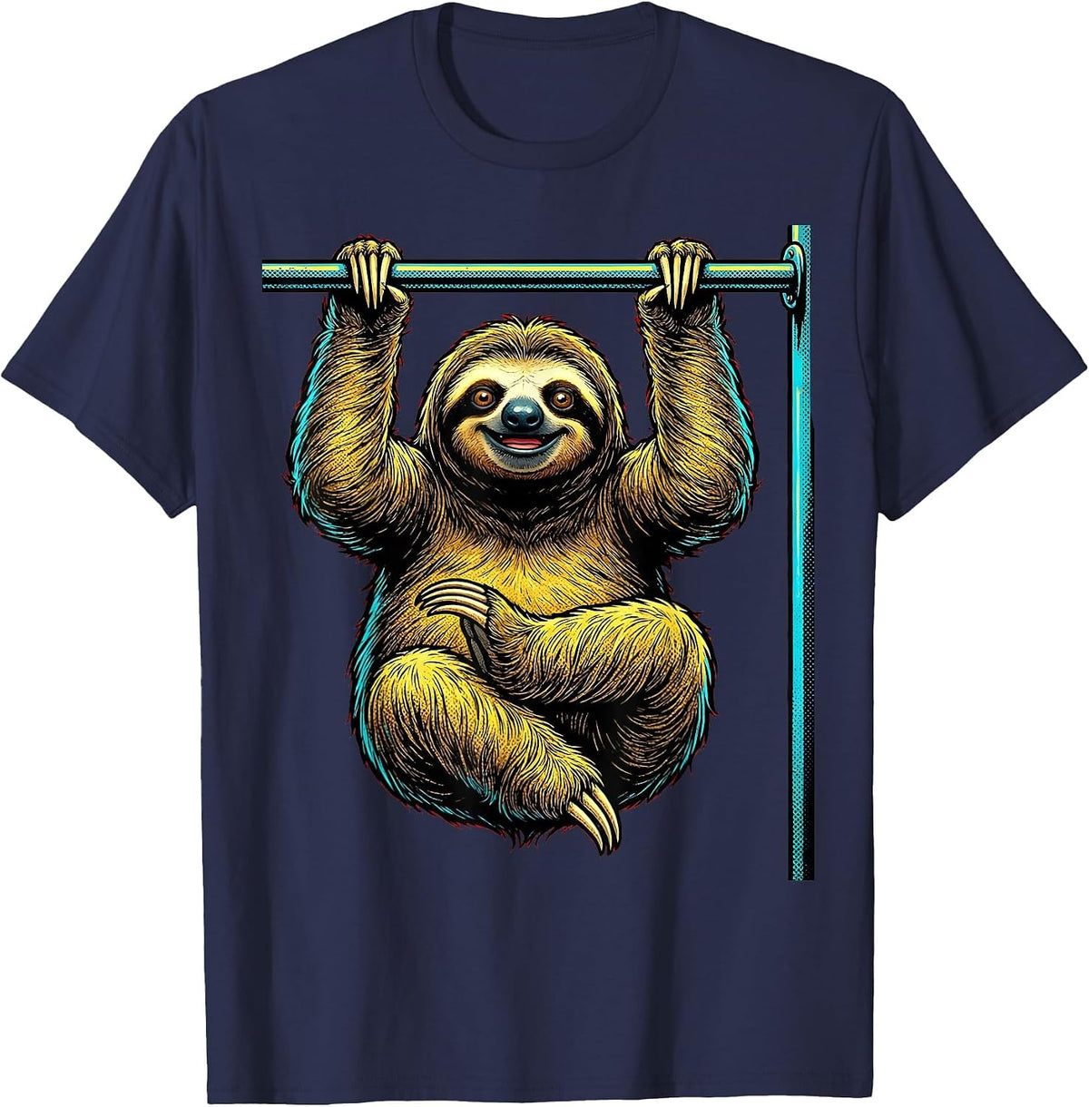 Lazy Sloth Pull-Up Bar Funny Workout Graphic T-Shirt - Navy Blue
