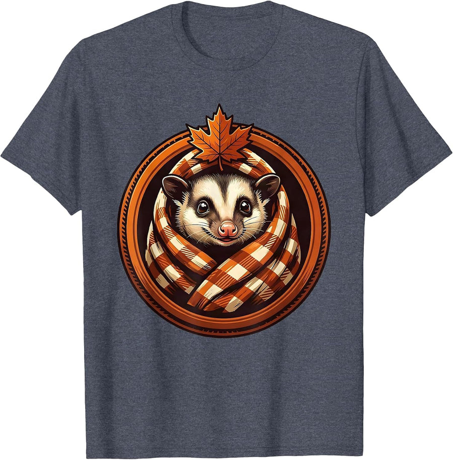 Cheerful Opossum Nestling Cozy Fall Autumn Plaid Blanket T-Shirt - Heather Blue