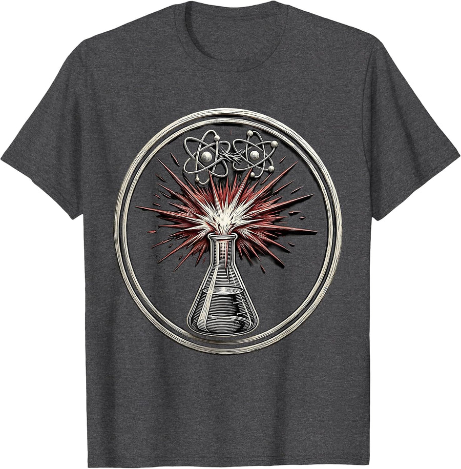 Men's Chemistry Reaction Badge Woodcut Engraving Science T-Shirt - Dark Heather Grey