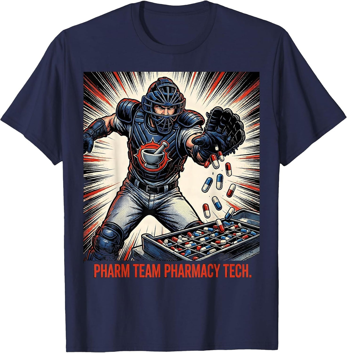 Men's Pharm Team Pharmacy Tech Comic Book Pharmacy Technician T-Shirt - Navy Blue