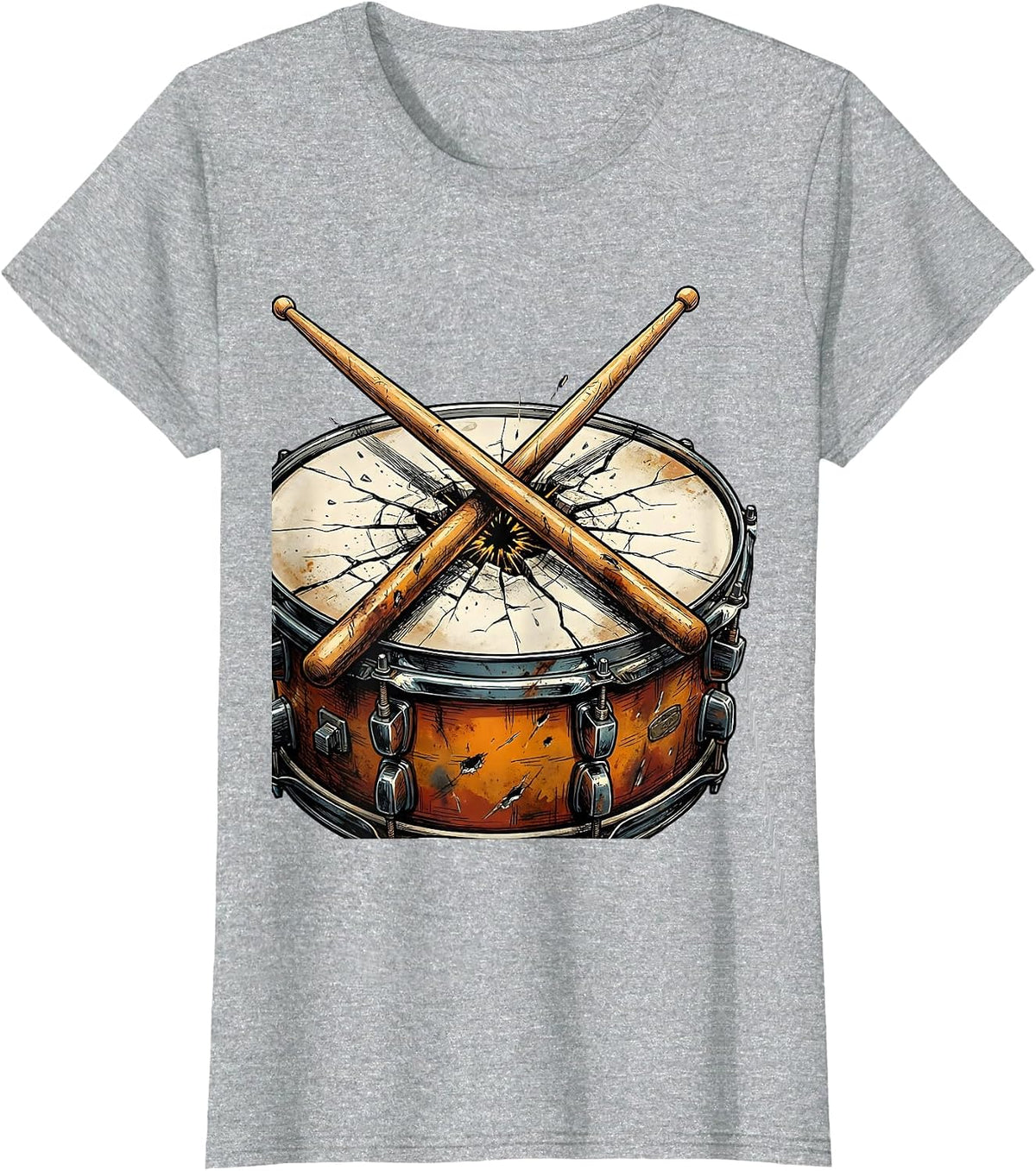 Crossed Drumsticks Cracked Snare Drum Concert Graphic T-Shirt - Heather Grey