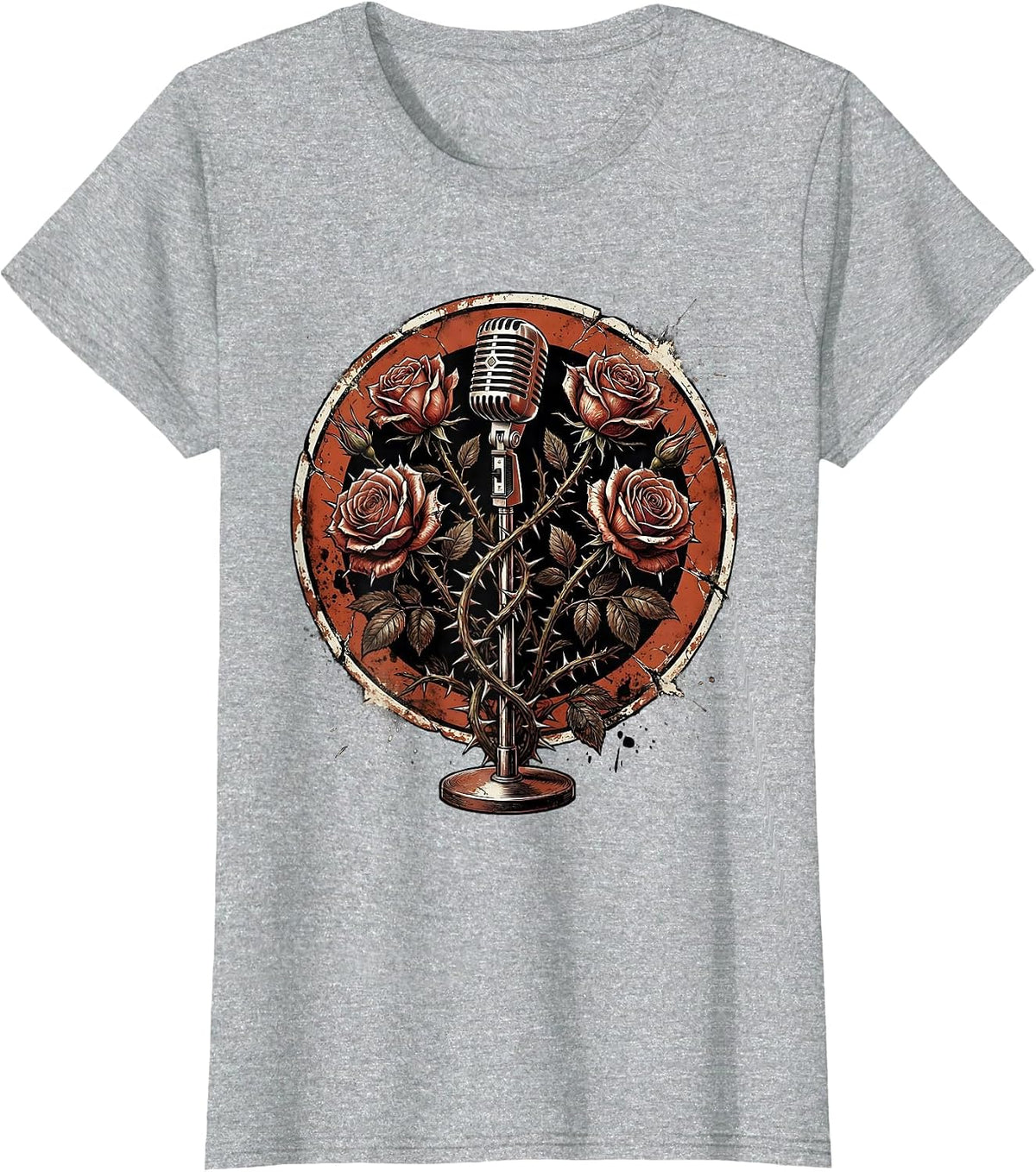 Microphone Stand Thorny Roses Classic Rock Art T-Shirt - Heather Grey