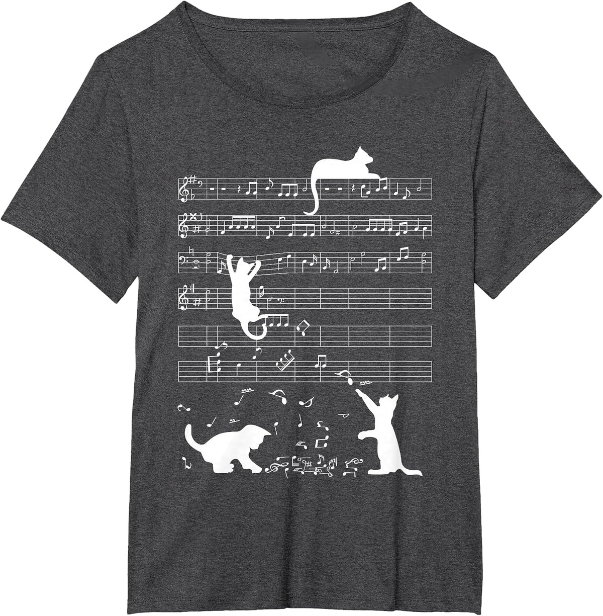 Cute Cat Kitty Playing Music Clef Piano Musician Art T-Shirt - Dark Heather Grey
