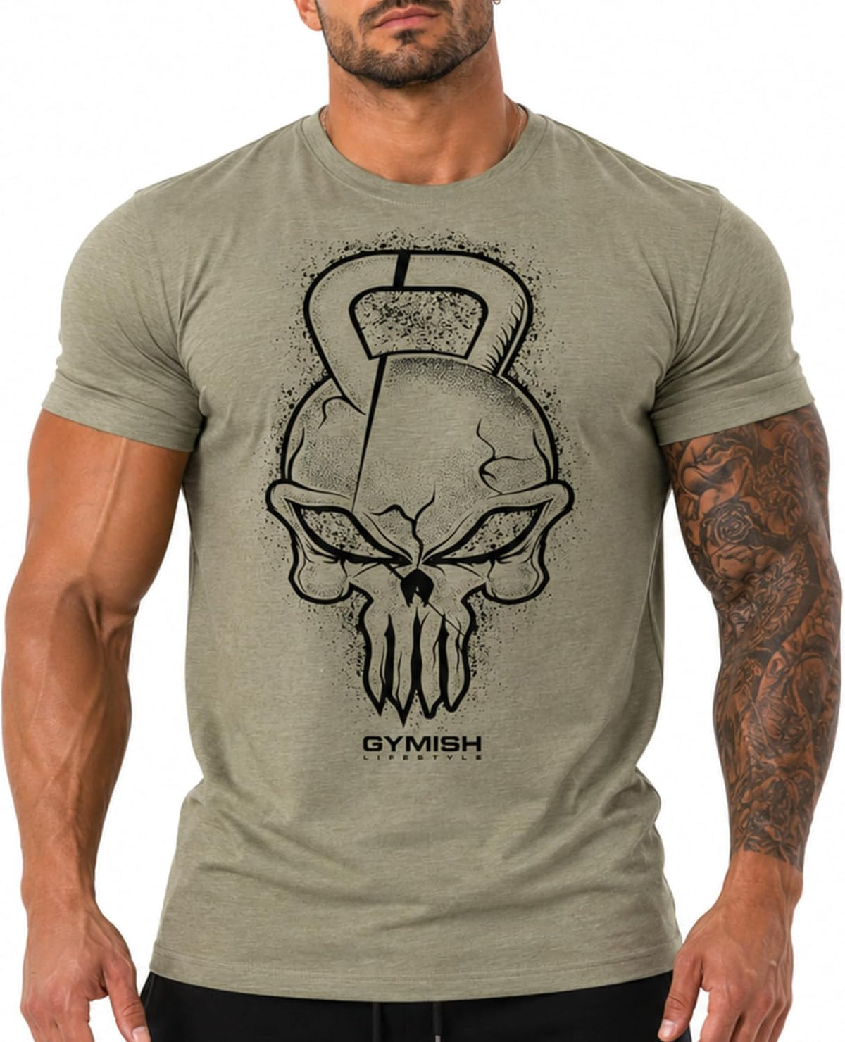 Gymish Lifestyle Reaper Skull Gym Shirt for Men, Bodybuilding Workout Tee - 1. Reaper Military Green