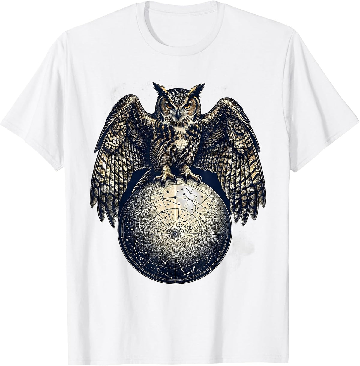Men's Owl Perched on Constellation Map Illustration T-Shirt - White