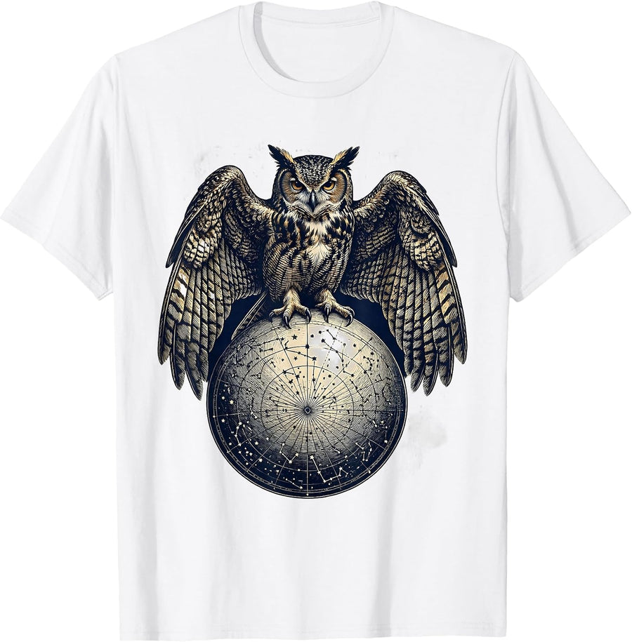Men's Owl Perched on Constellation Map Illustration T-Shirt - White