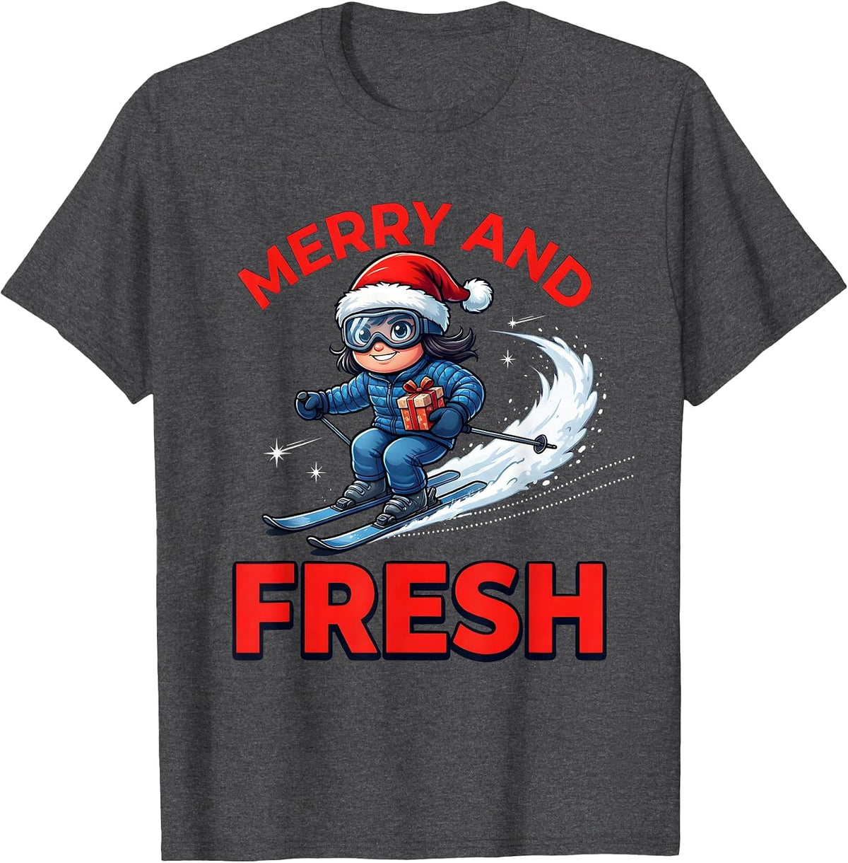 MERRY AND FRESH Funny Skier Christmas Skiing T-Shirt - Dark Heather Grey