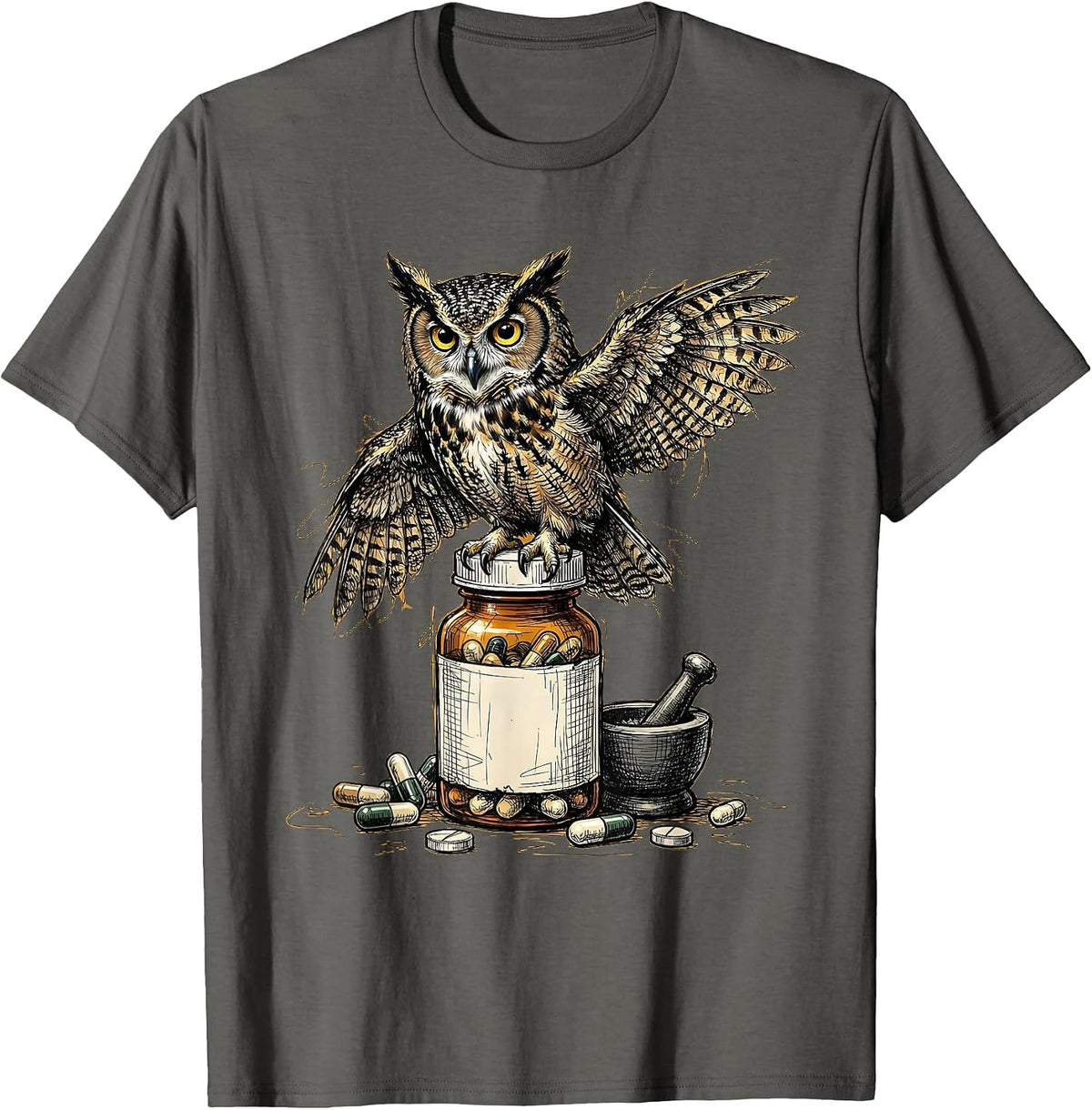 Pharmacy Technician Owl on Prescription Bottle T-Shirt - Asphalt Grey