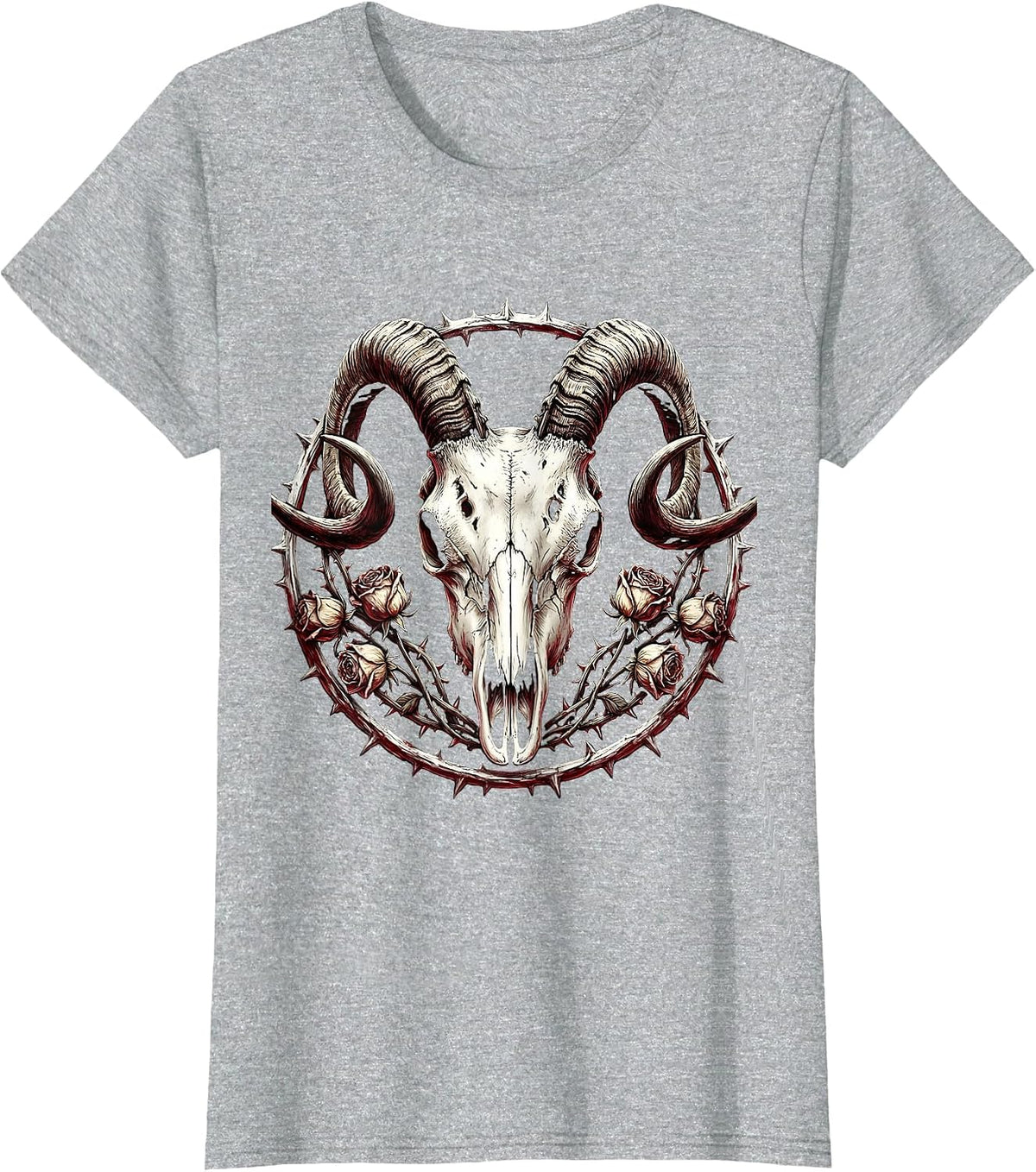 Goat Skull Dead Roses Death Metal Graphic T-Shirt - Heather Grey