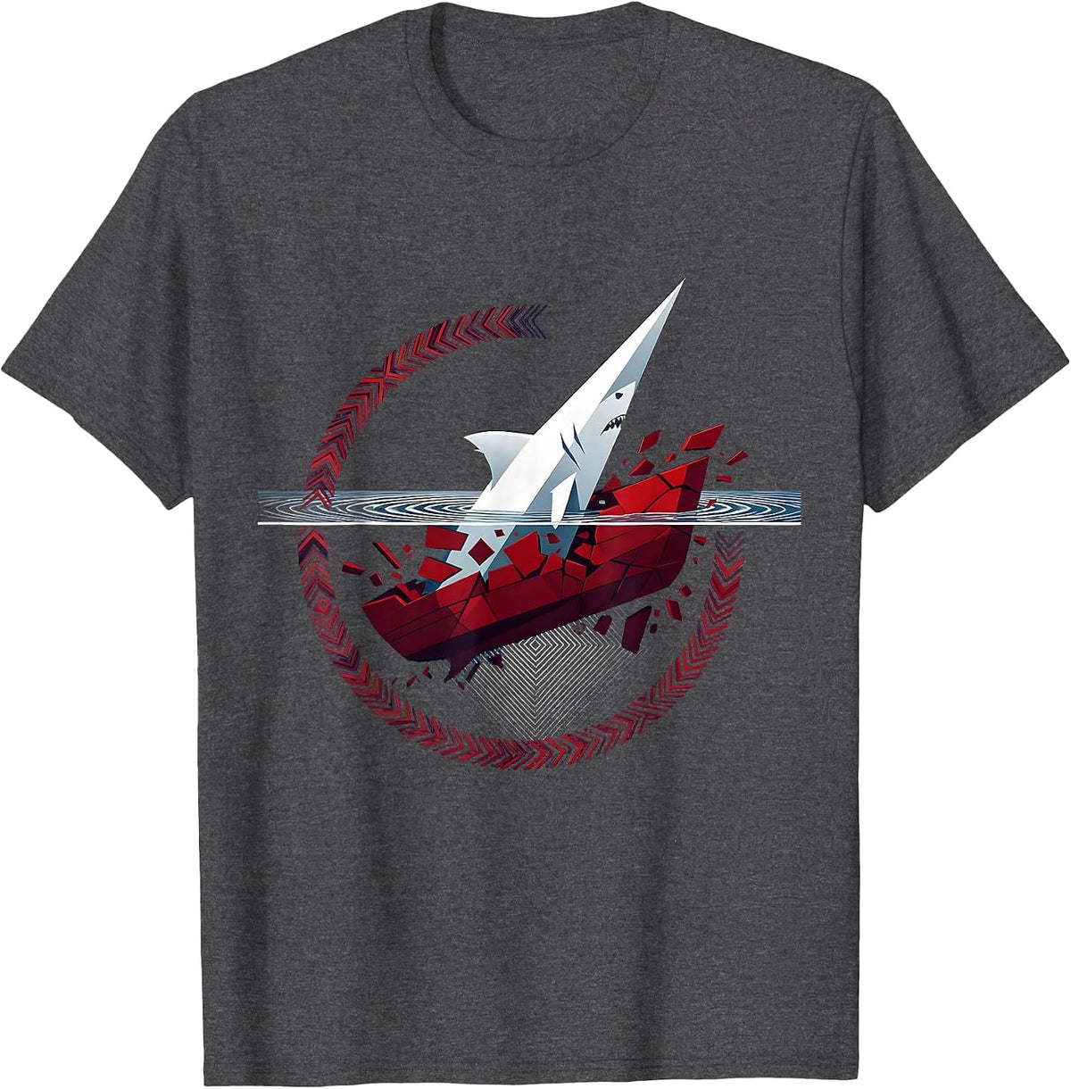 Shark Circling Sinking Ship Graphic Design T-Shirt - Dark Heather Grey