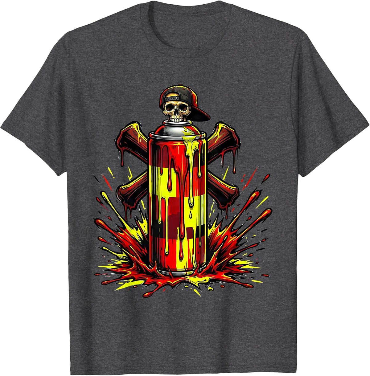 Punk Rock Dripping Spray Paint Can Skull Cap T-Shirt - Dark Heather Grey