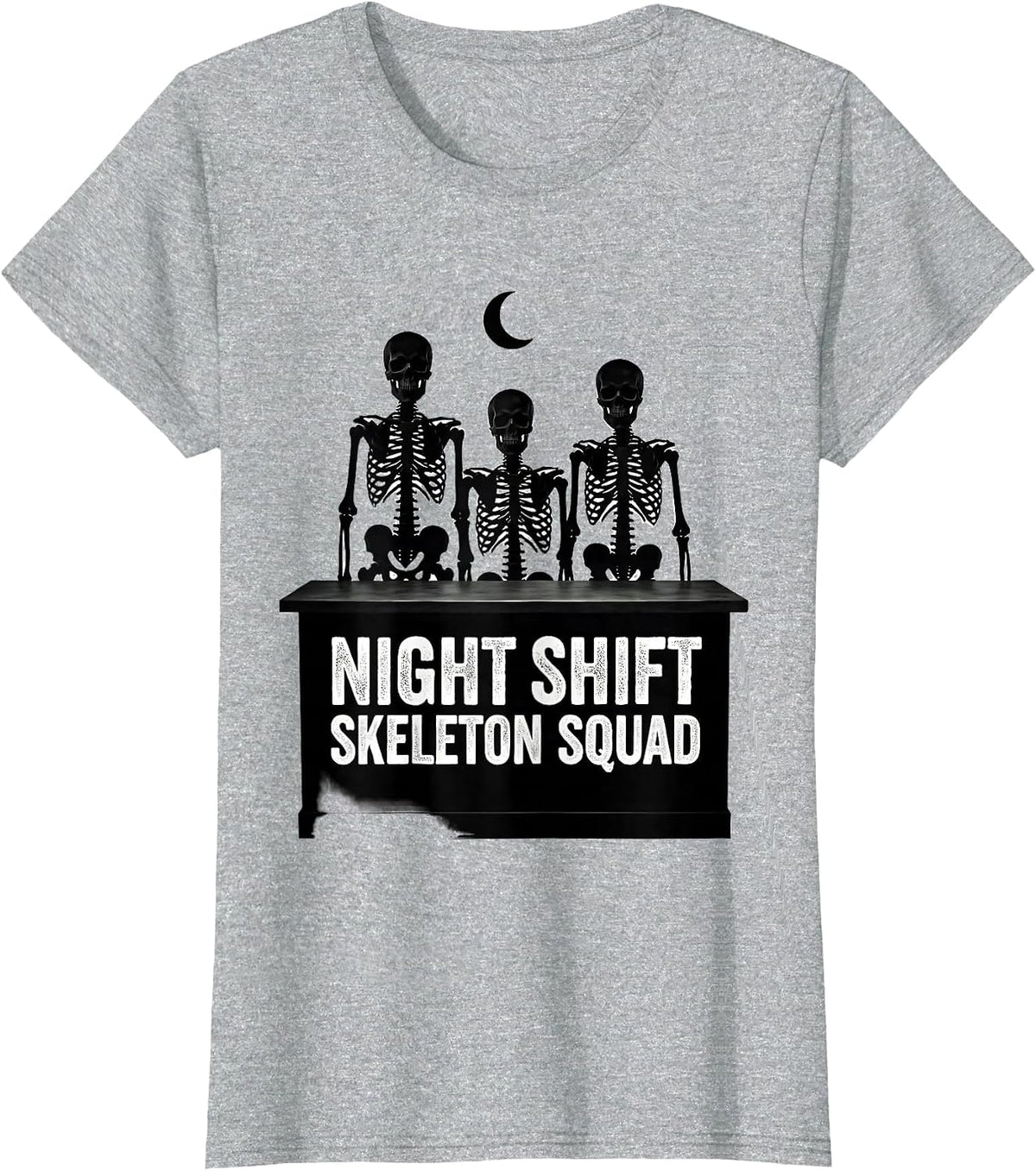 Women's Night Shift Skeleton Squad Funny Pharmacy Tech Halloween T-Shirt - Heather Grey