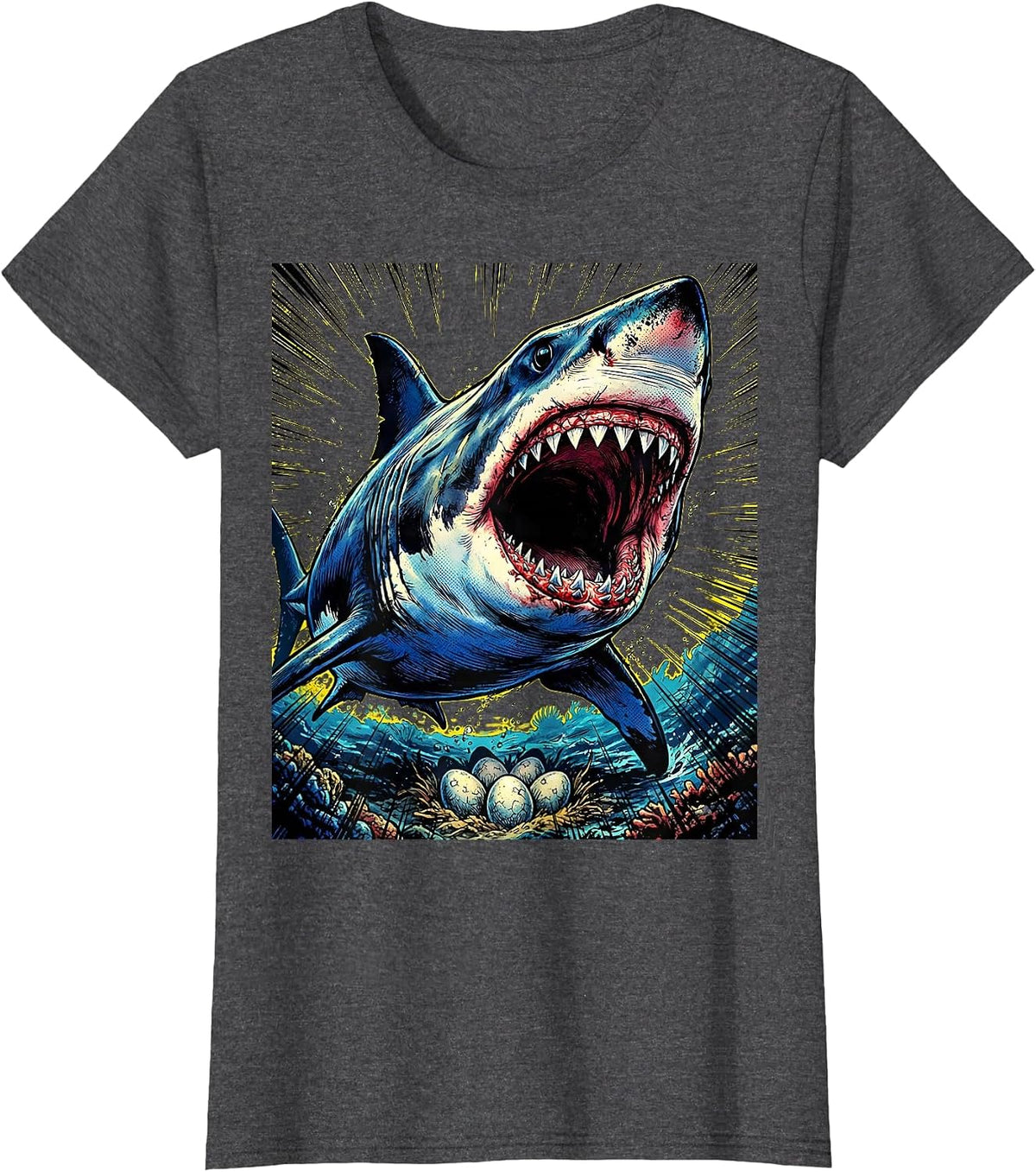 Women's Mama Shark Roaring Over Nest Protective Design T-Shirt - Dark Heather Grey