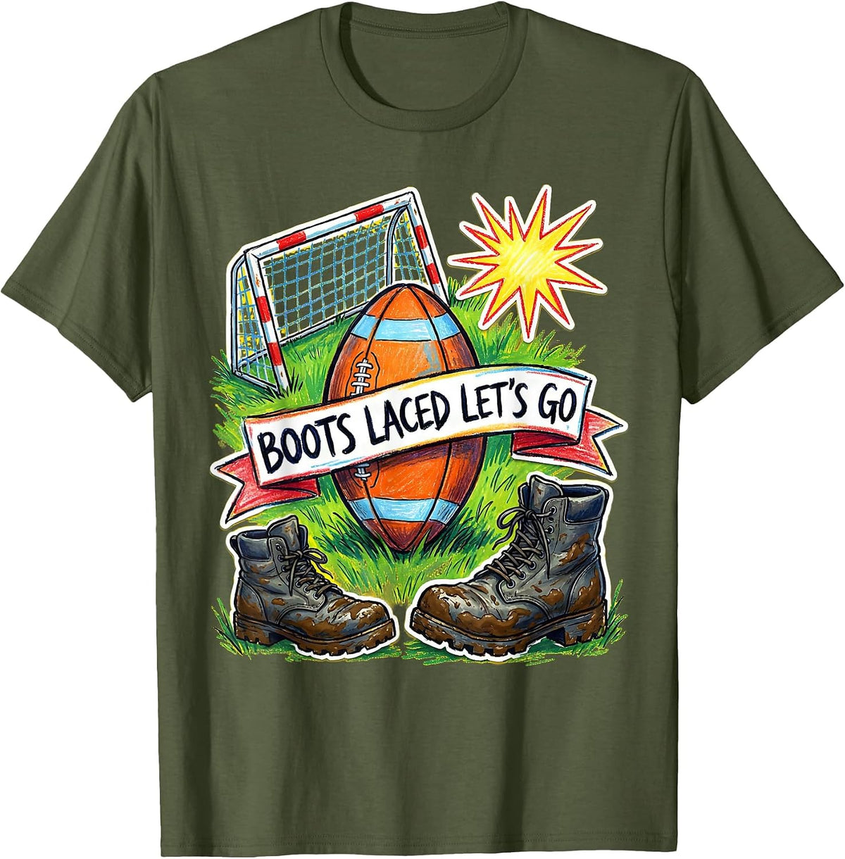 Men's Boots Laced Let's Go Rugby Graphic Design T-Shirt - Olive Green