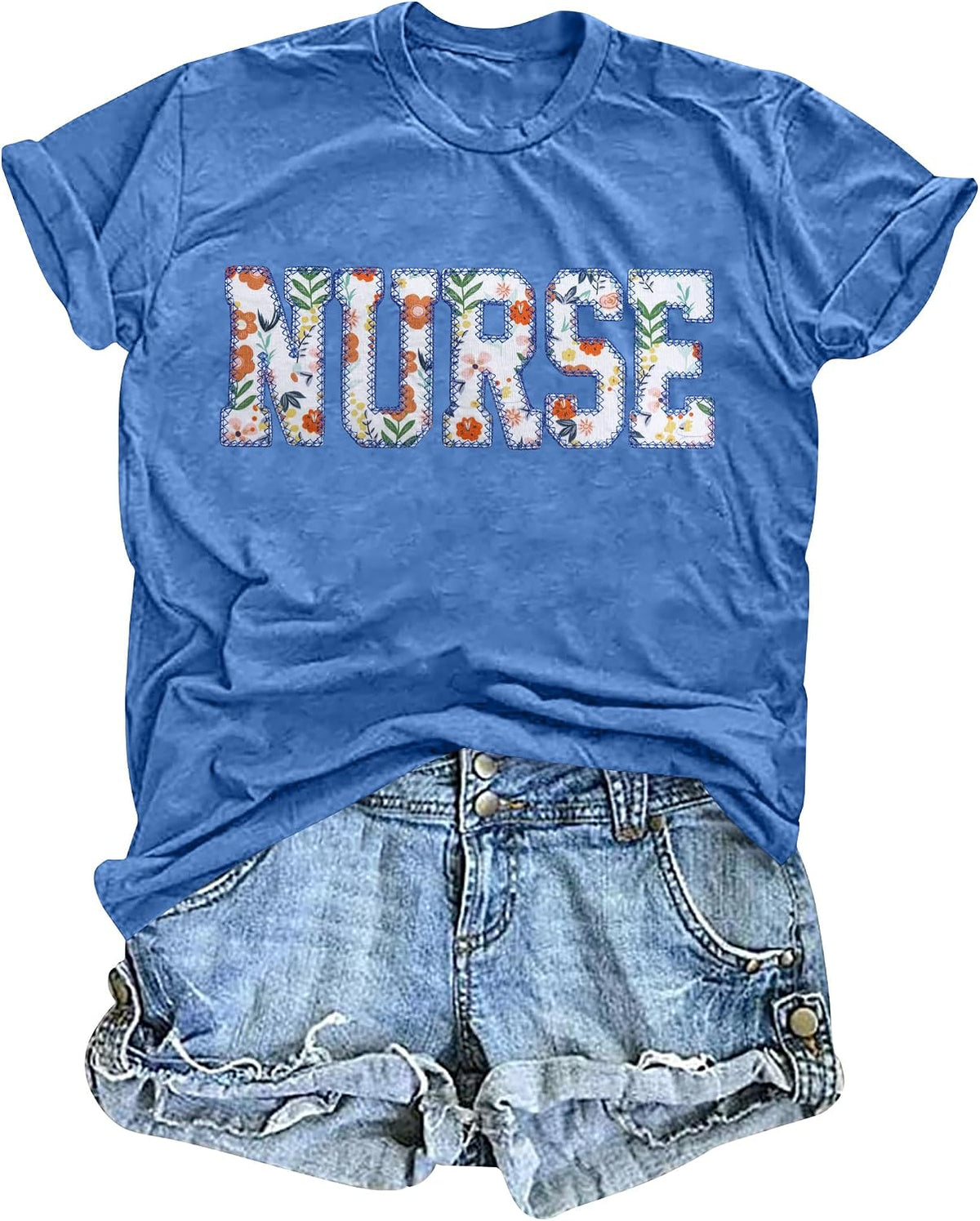 Nurse Shirts for Women: Embroidered Nurse T-Shirt Gift for Nurse Short Sleeve Tee Tops - Blue
