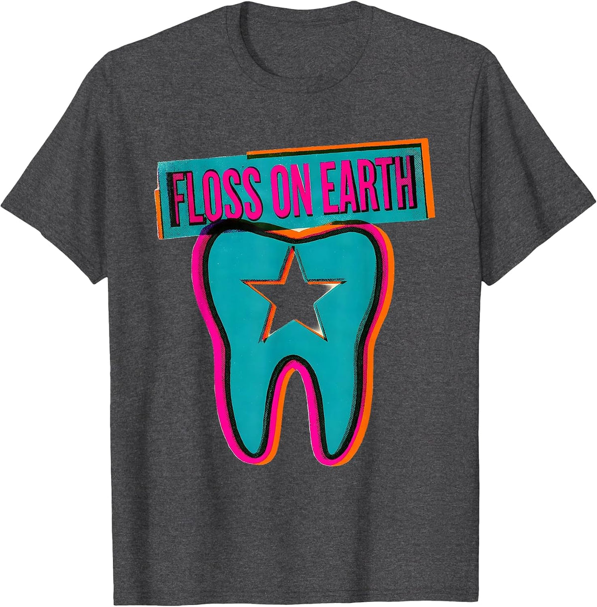 Floss On Earth Risograph Funny Dental Hygienist Christmas T-Shirt - Dark Heather Grey