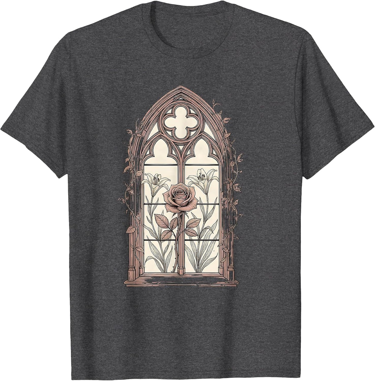 Men's Stained Glass Blooming Garden Religious Design T-Shirt - Dark Heather Grey