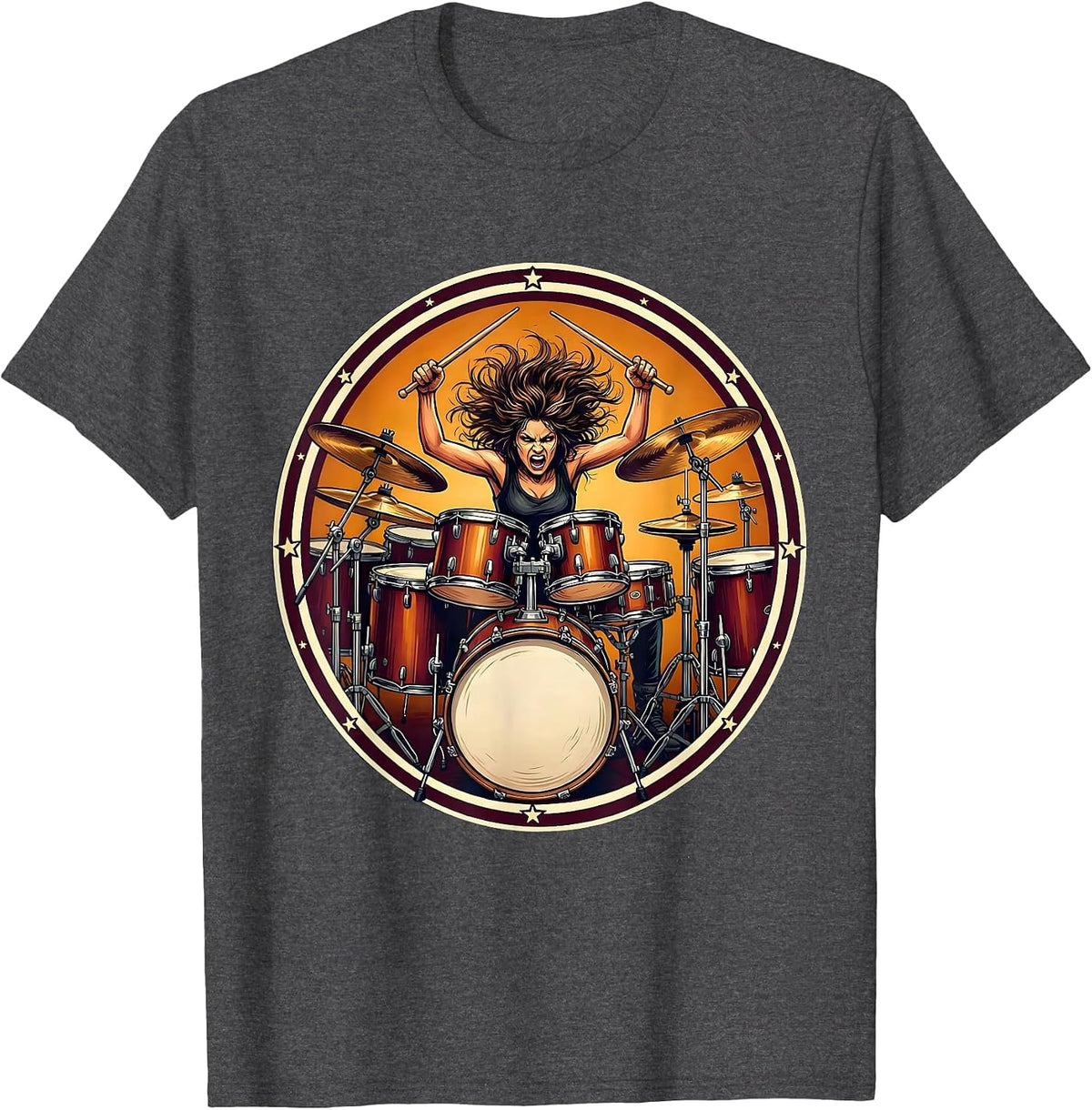 Drummer Girl Behind Massive Drum Kit Illustration T-Shirt - Dark Heather Grey