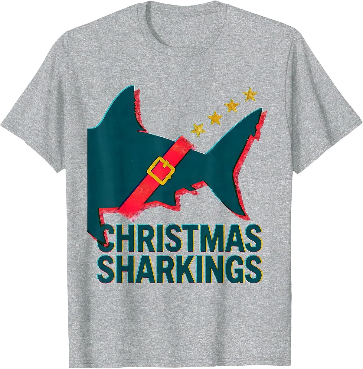 Men's Christmas Sharkings Risograph Shark Lover Funny Christmas T-Shirt - Heather Grey