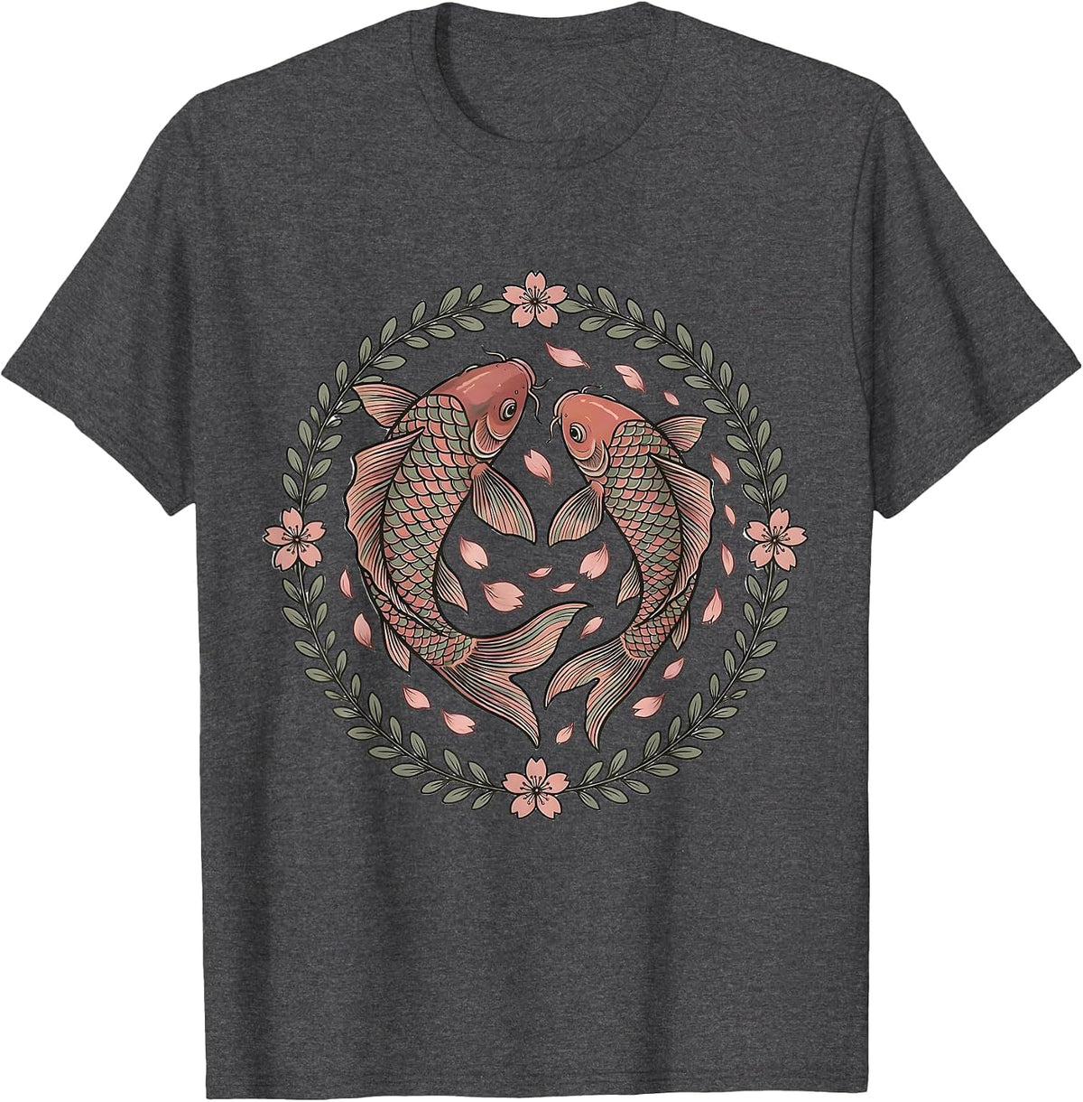 Men's Koi Fish Pink Floral Breast Cancer Awareness T-Shirt - Dark Heather Grey