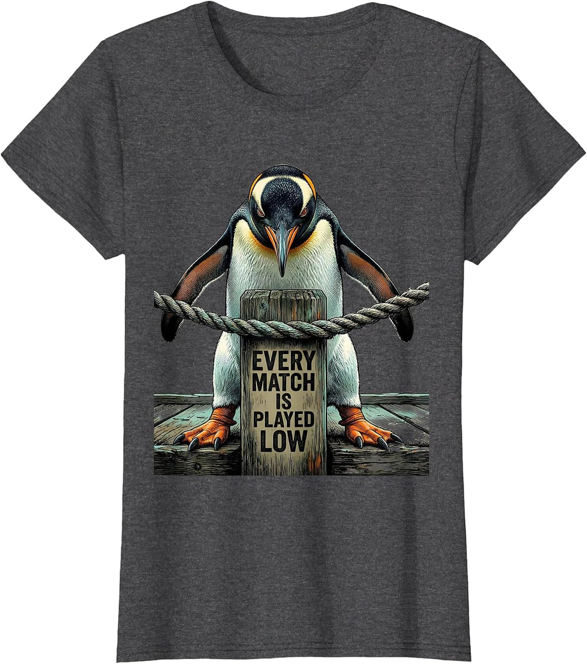 Women's Every Match Is Played Low Funny Penguin Martial Arts Humor T-Shirt - Dark Heather Grey