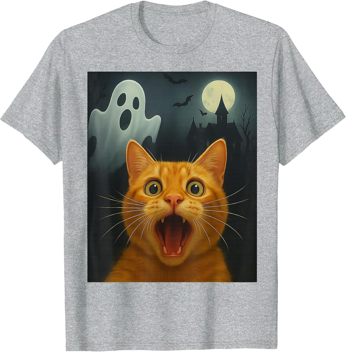 Cat Selfie with Ghost, Funny Cat Lovers Design T-Shirt - Heather Grey