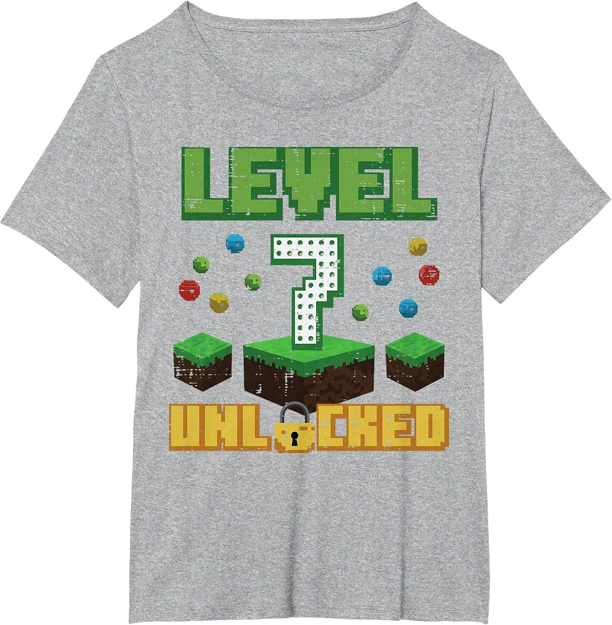 Level 7 Unlocked Pixel Gamer 7th Birthday Gaming Boys Kids T-Shirt - Heather Grey