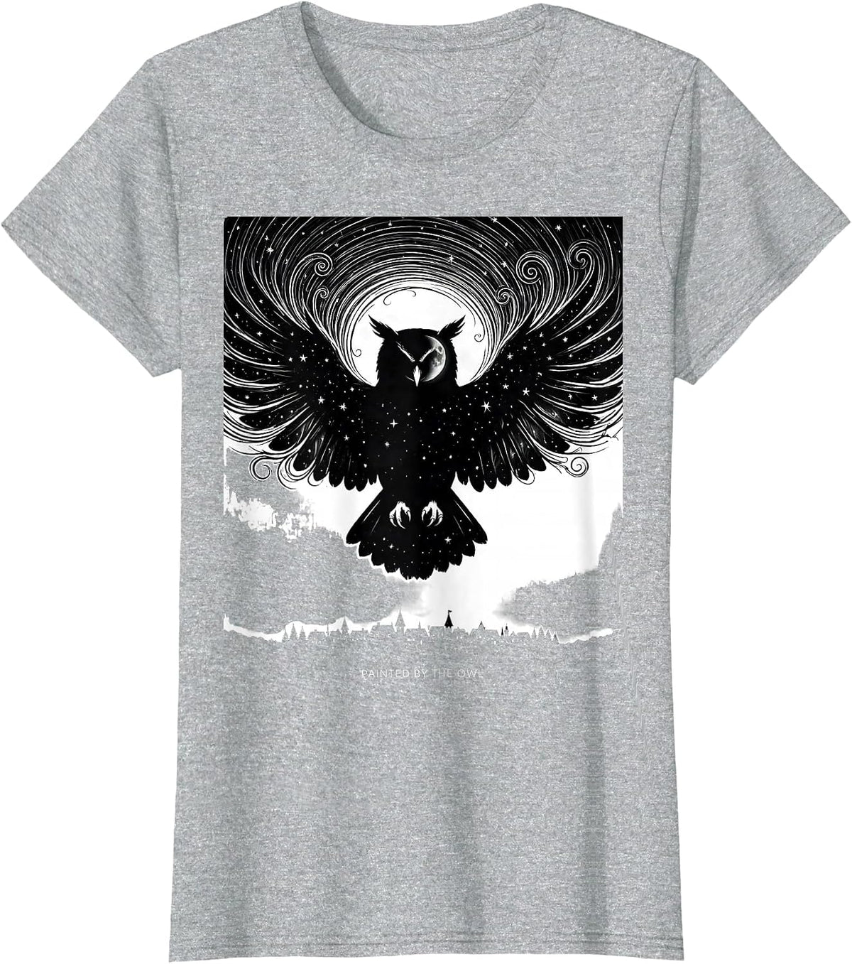 Women's Painted By The Owl Whimsical Van Gogh Cat Lover Silhouette T-Shirt - Heather Grey