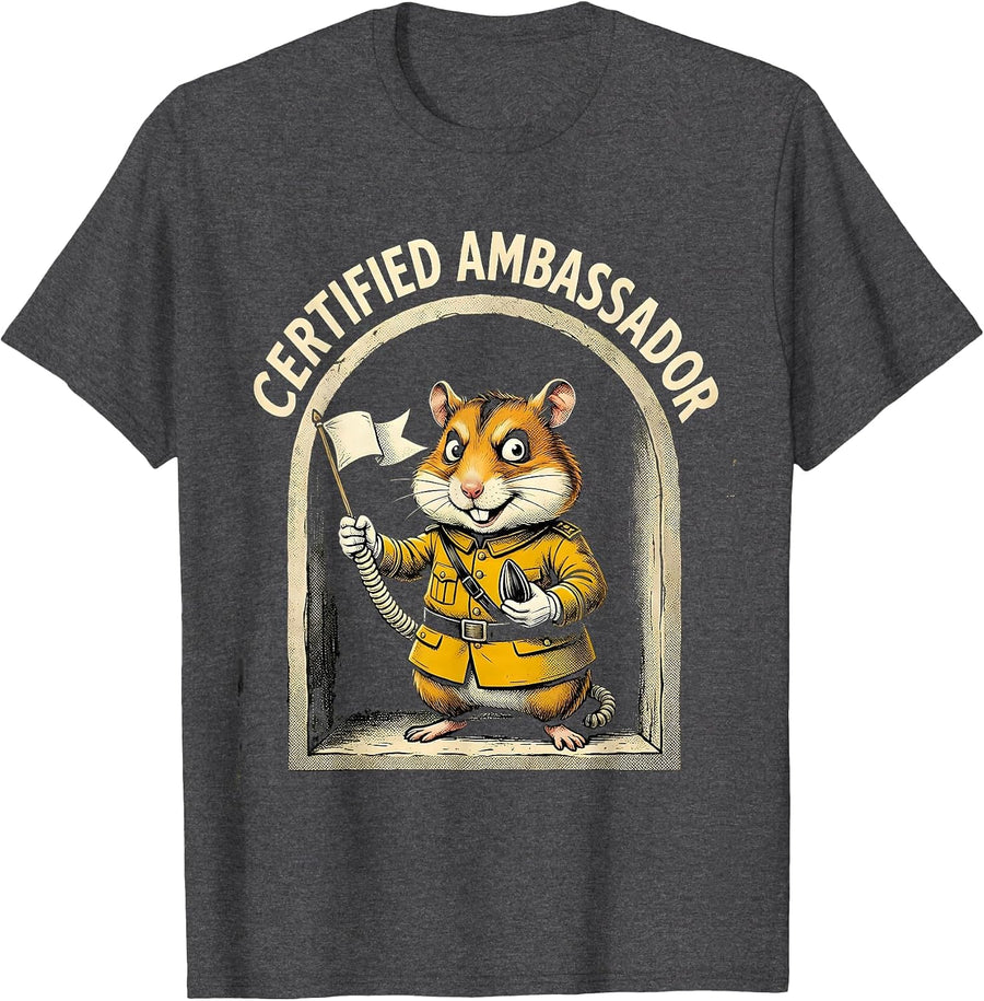 Men's Certified Ambassador Retro Cartoon Hamster Meme Pet Lover T-Shirt - Dark Heather Grey