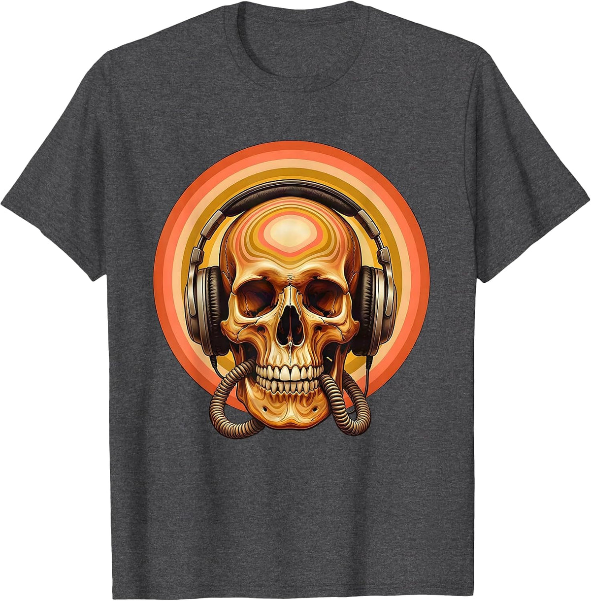 Skull and Headphones Dark Music Graphic T-Shirt - Dark Heather Grey