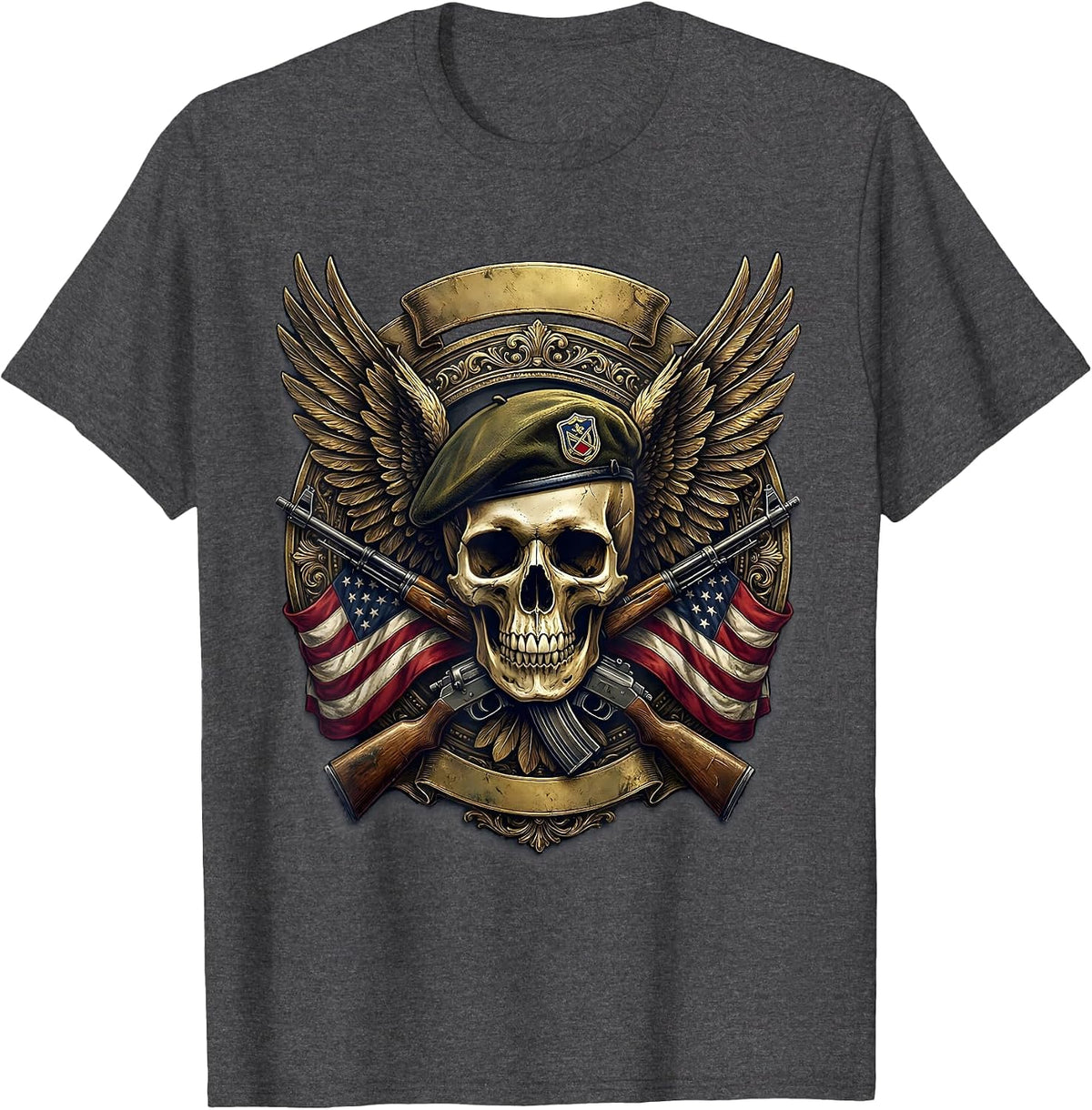 Veteran Skull Military Beret with Wings Graphic T-Shirt - Dark Heather Grey