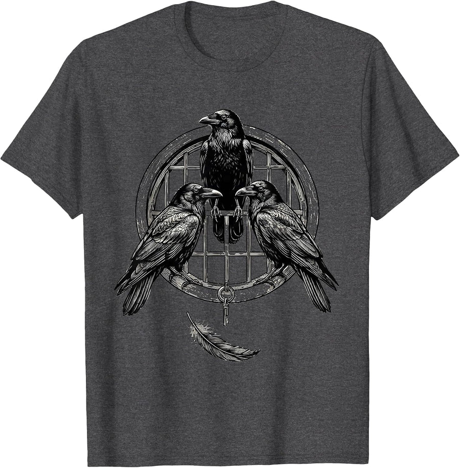 Men's Three Crows Murder Pun Gothic Bird Lover Humor T-Shirt - Dark Heather Grey