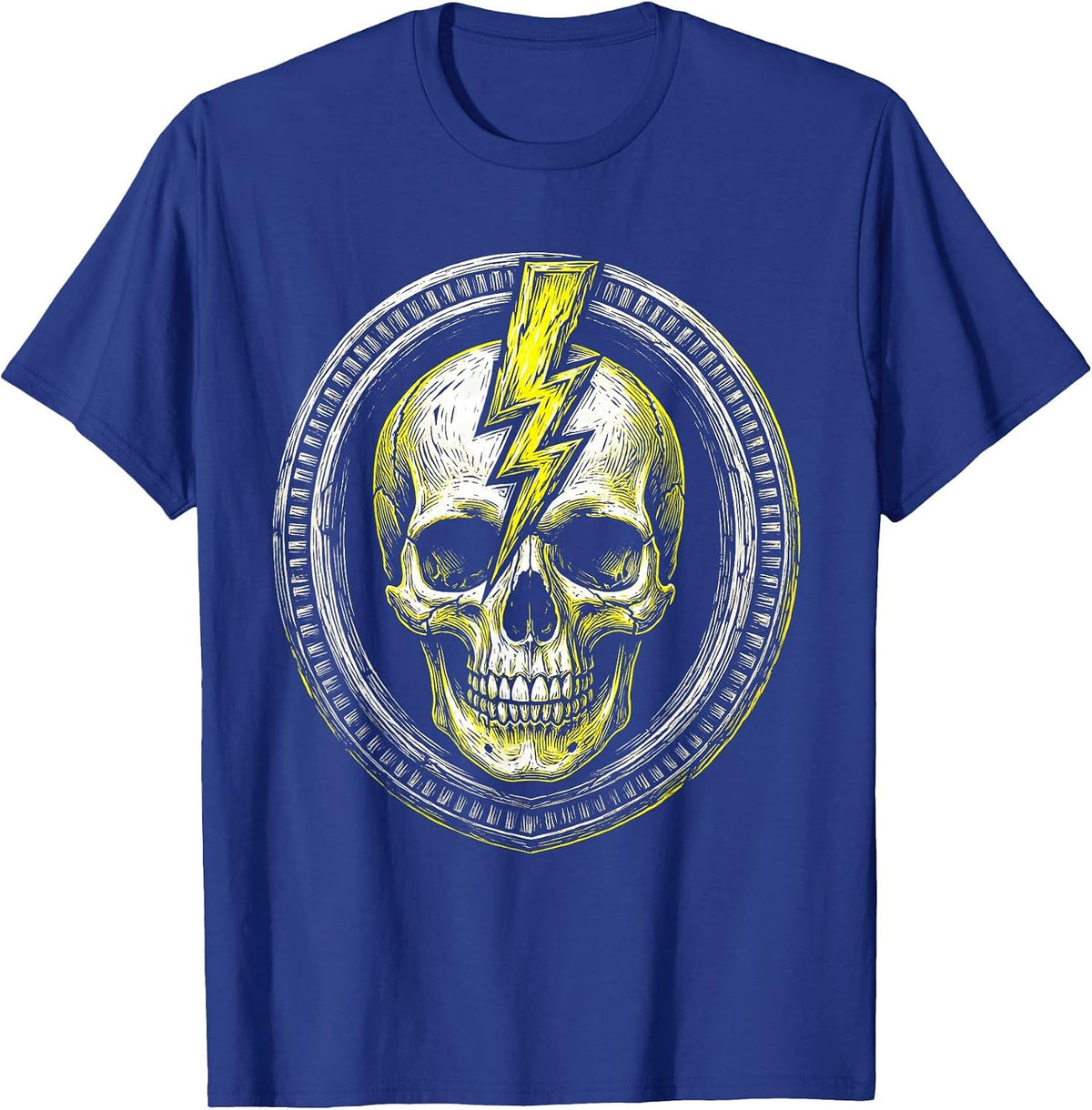 Skull Lightning Bolt Metal Band Graphic T-Shirt - Royal Blue