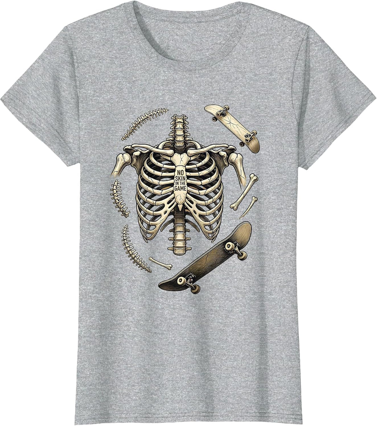 Skeleton Skateboarding No Skin In The Game T-Shirt - Heather Grey