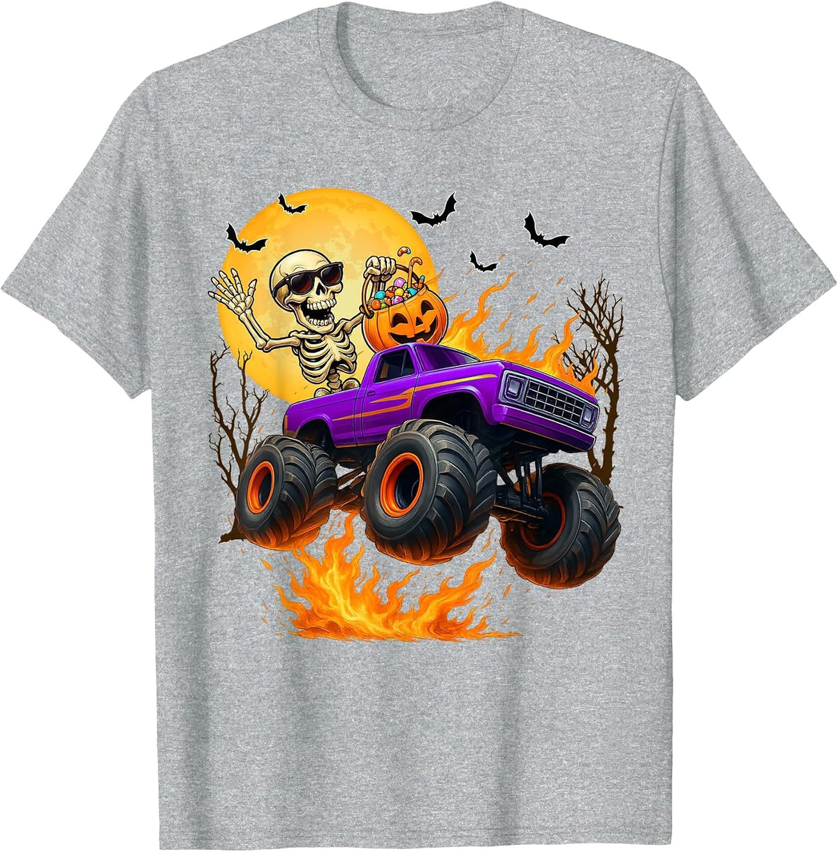 Spooky Skeleton Riding Monster Truck Halloween Costumes Boy T-Shirt - Heather Grey