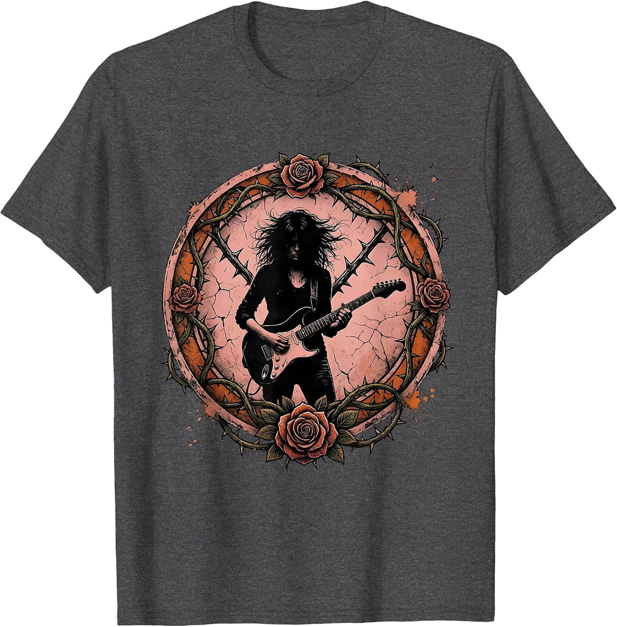 Guitarist with Roses and Thorns Illustration T-Shirt - Dark Heather Grey