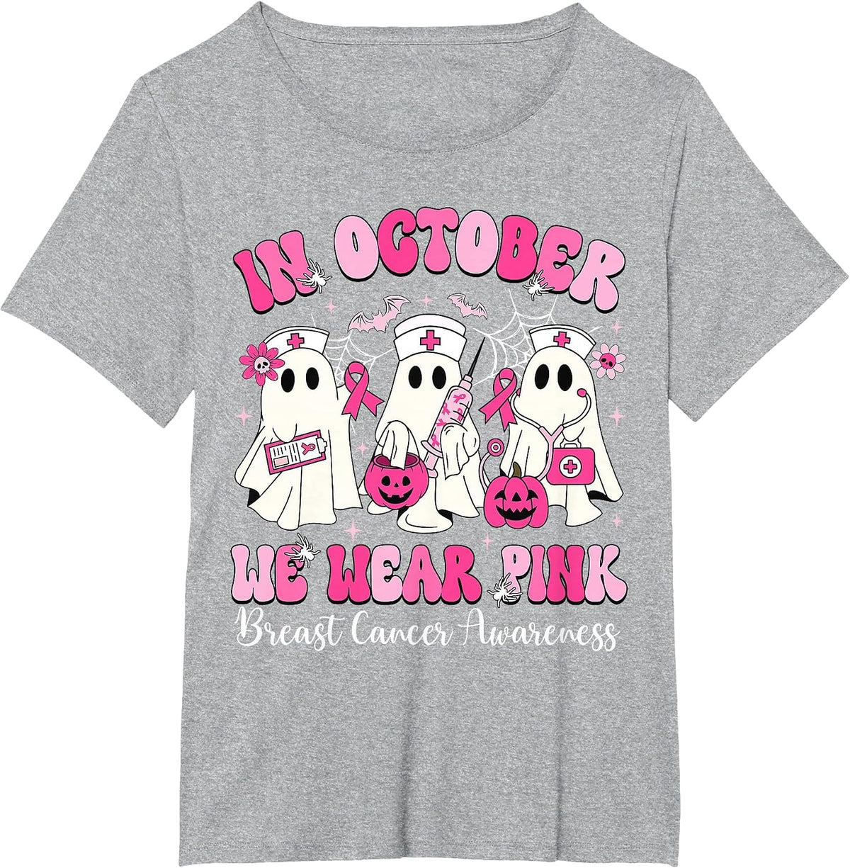 in October We Wear Pink Nurse Ghost Halloween Breast Cancer T-Shirt - Heather Grey